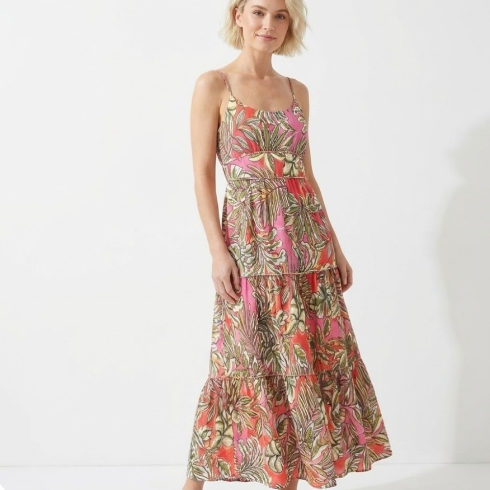 C&C California Women's Medium Tropical Print Strapless Maxi Dress‎ Linen Blend